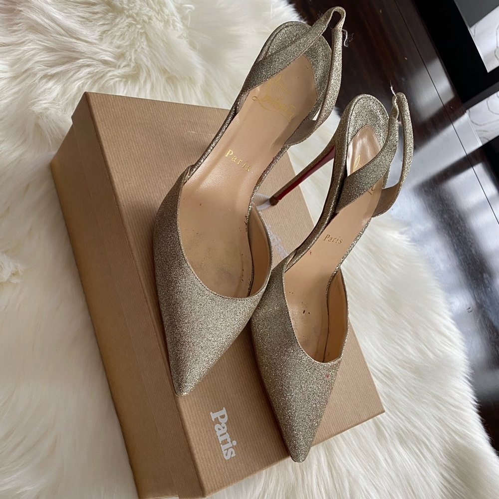 Louboutin sling back heels gold